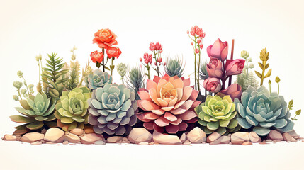 Fototapeta premium Succulent flat design side view botanical theme water color Analogous Color Scheme