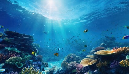 Tropical fish in the underwater, coral reef, amazing underwater life, various fish and exotic coral reefs, ocean wild creatures background