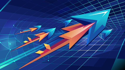 Velocity in Motion: Energy Arrows on Dark Blue Tech Background. Perfect for: Technology presentations, innovation showcases, energy efficiency campaigns, digital marketing materials.