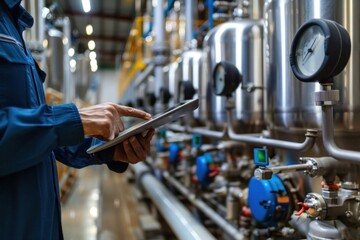 engineer worker tablet in food and drinks factory industry monitor operate control inspecting production line high pressure tank production line