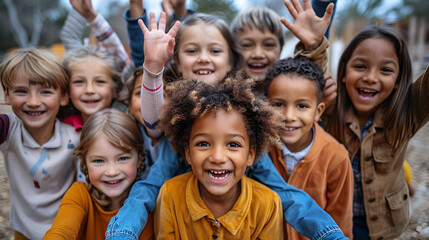 Obraz premium A broad group of cheerful, pleasant, and happy multiethnic children.