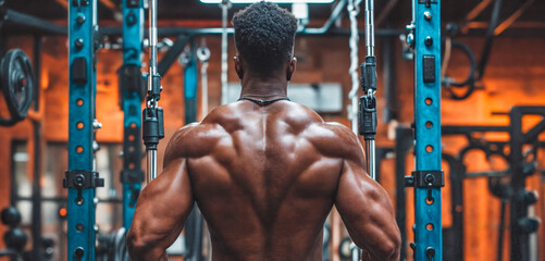 Focused African-American male bodybuilder working out at gym, performing cable machine exercises