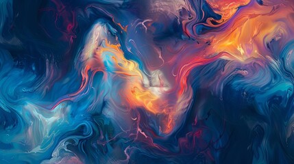 Colorful abstract painting with vibrant blues, oranges, and purples.