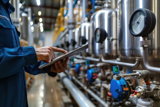 engineer worker tablet in food and drinks factory industry monitor operate control inspecting production line high pressure tank production line