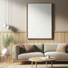 A living room with a template mockup poster empty white and with a couch and a coffee table image has illustrative meaning used for printing .