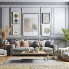 A living room with a template mockup poster empty white and with a couch and a coffee table photo harmony used for printing