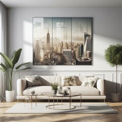 A living room with a template mockup poster empty white and with a couch and a coffee table photo lively has illustrative meaning
