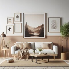 A living room with a template mockup poster empty white and with a couch and a coffee table photos art photo.