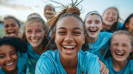 a gathering of youthful female soccer players enjoying their success