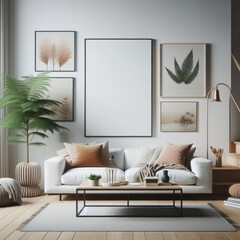 A living room with a template mockup poster empty white and with a couch and a coffee table standardscalex image art photo card design.