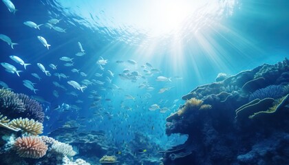 Tropical fish in the underwater, coral reef, amazing underwater life, various fish and exotic coral reefs, ocean wild creatures background