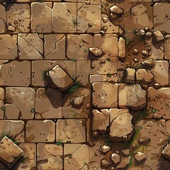 Artistically crafted stone path illustration featuring intricately arranged blocks with scattered debris and small plants emerging between cracks. 8-bit RPG game