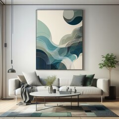 A living room with a template mockup poster empty white and with a couch and a painting on the wall image art.