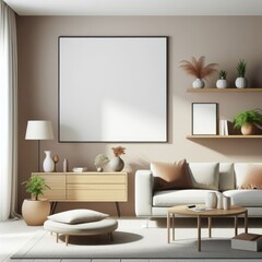 A living room with a template mockup poster empty white and with a couch and a picture frame standardscalex image photo attractive harmony.
