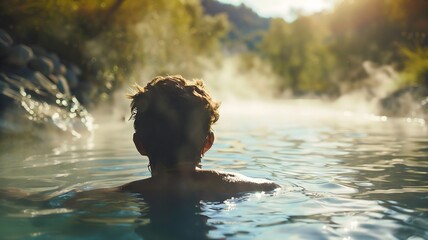  A person enjoying a leisurely swim in a secluded natural hot spring, with steam rising from the warm, soothing waters. . 
