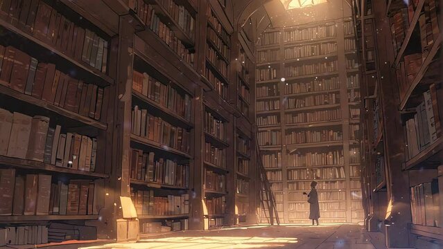 Cozy Library Ambiance: Anime Style 4K Looping Video of a Classic Library Filled with Timeless Books, Ideal for Avid Readers and Relaxation.