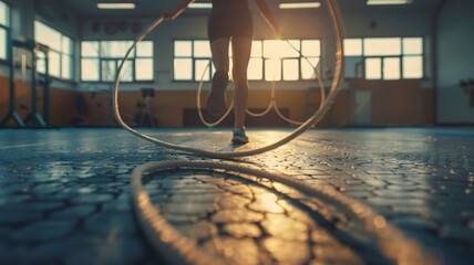  A person practicing jump rope exercises in a spacious gym, with the rope whirling around them in a blur of motion. . 
