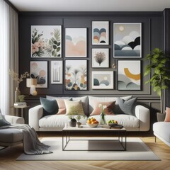 A living room with a template mockup poster empty white and with a couch and art on the wall image photo lively has illustrative meaning.