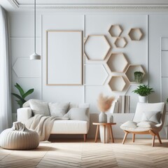 A living room with a template mockup poster empty white and with a couch and chair image harmony has illustrative meaning used for printing.