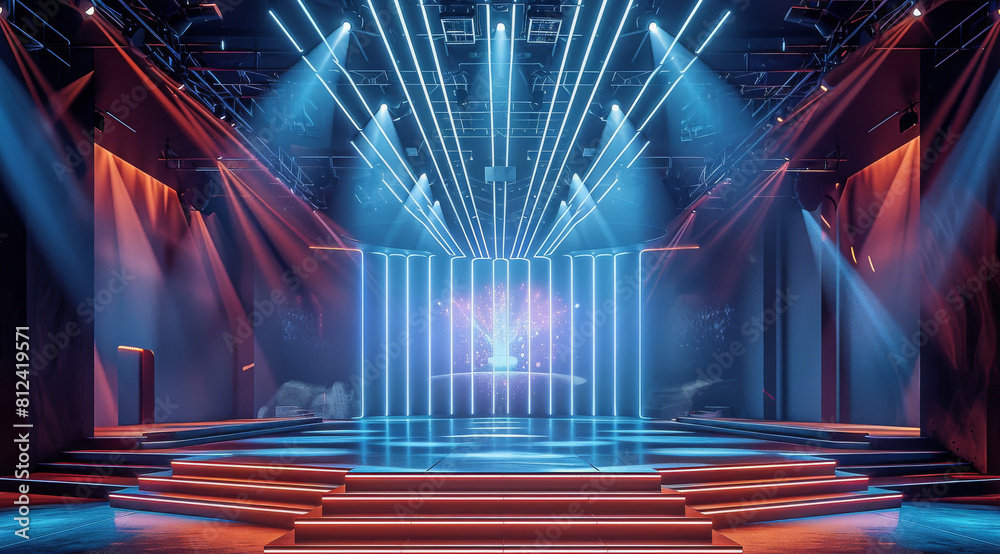 Poster The stage is expansive, stretching far and wide to accommodate a large audience and provide ample space for performers and presenters. It features a central LED screen. Generative AI.