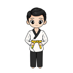 illustration of taekwondo poomsae boy with yellow stripe belt and transparent background
