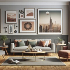 A living room with a template mockup poster empty white and with a couch and coffee table photos photo card design.