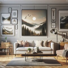 A living room with a template mockup poster and with a couch and pictures on the wall art photo harmony has illustrative meaning.