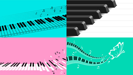 Set Abstract Collection Piano Keys Music Keyboard Instrument With Plants Brunch Botanical Doodle Outline Melt Song Melody Vector Design Style