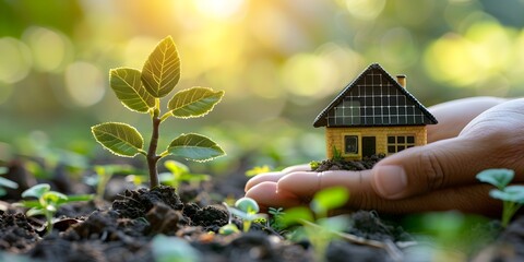 Homeowner solar panel campaign promoting sustainable green living with nature imagery and copy space