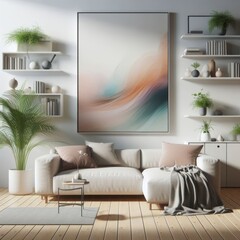 A living room with a template mockup poster color and with a large painting on the wall art realistic attractive harmony.