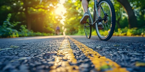 Bicycling down a tranquil forest path bathed in warm sunlight promoting a healthy eco friendly lifestyle