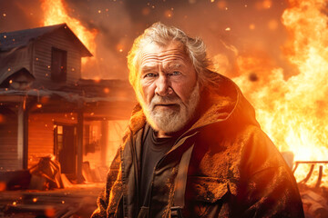 Fototapeta premium A elderly man stoically stands in front of a roaring fire, embodying strength and resilience in the face of destruction