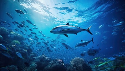 Tropical fish in the underwater, coral reef, amazing underwater life, various fish and exotic coral reefs, ocean wild creatures background