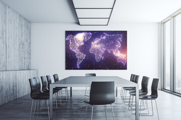 Abstract graphic world map on presentation monitor in a modern boardroom, connection and communication concept. 3D Rendering