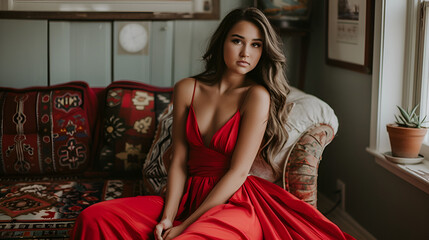 Fototapeta premium In her crimson gown at home, the senior in high school