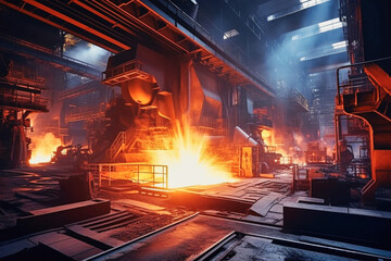 A bustling factory filled with towering stacks of steel, glowing furnaces, and workers clad in protective gear, all working together in harmony to create metal products