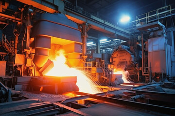 A bustling factory filled with massive machines, molten steel, and workers in hard hats, creating the heartbeat of the steel industry