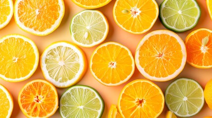 Obraz premium Top view of slices of citrus on pastel background, banner style, copy space, isolated