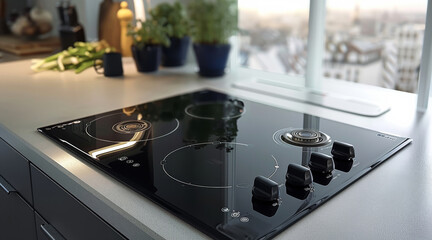 A black glass ceramic hob with three touch control buttons, on top of a white kitchen countertop. The elements are arranged in a straight line is placed at its center point. Generative AI.