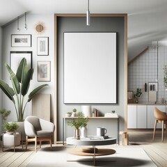 A Room with a template mockup poster empty white and with a large picture frame and plants realistic attractive harmony.