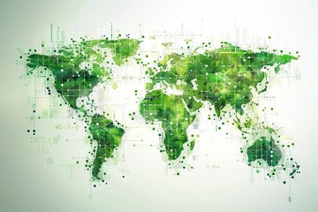 A green digital world map on a white background showing areas of highest renewable energy usage
