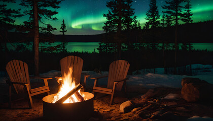 campfire with northern lights in background