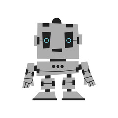 A cute adorable friendly robot toy with a square head and body made of gray metal with black accents, standing with its arms at its sides with happy expression on its face.