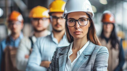 Concept of female construction architect leading with professional executives in the background
