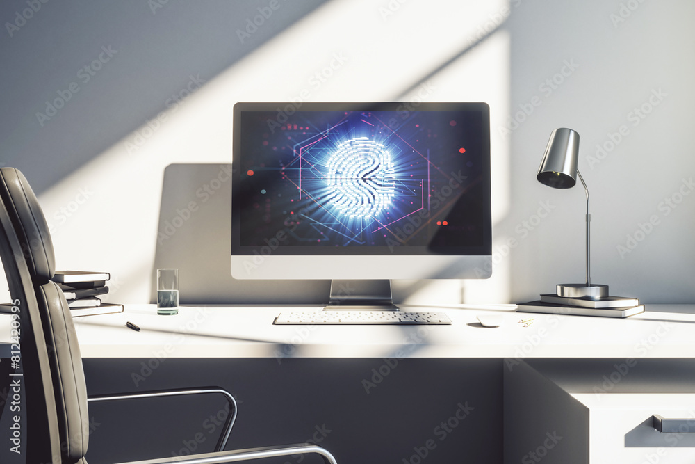 Poster Modern computer monitor with abstract creative fingerprint hologram, research and development concept. 3D Rendering