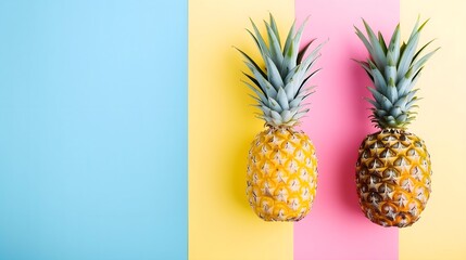 Top view of pineapple on pastel background, banner style, copy space, isolated