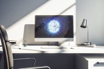 Modern computer monitor with abstract creative fingerprint hologram, research and development...