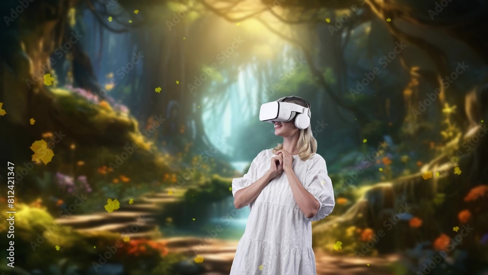 Wall mural excited woman wearing vr with stretching arms getting fresh air stream water wonderland fairytale fo - Wall murals