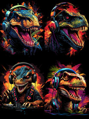 Obraz premium Colorful dinosaurs wearing headphones and DJ gear, roaring with energy in a vibrant, neon-inspired party vibe. Fun and surreal mashup of prehistoric creatures and music culture.