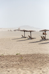 Sunbeds on the beach Praia de Chaves in the morning, Boa Vista, Cape Verde 